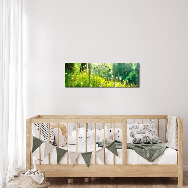 Obraz - Magická louka plná pampelišek (s hodinami) (90x30 cm)