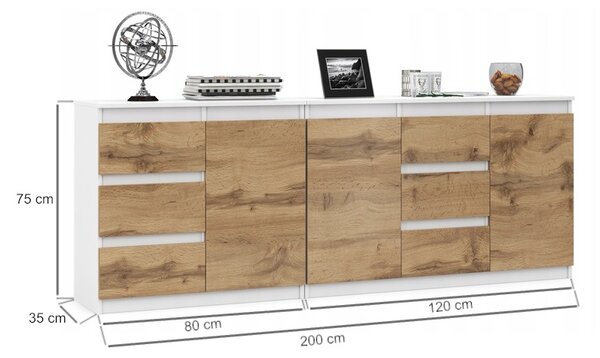 VBChome Dvě komody 80 x 35 x 75 cm a 120 x 35 x 75 cm se 6 zásuvkami a 3 dvířky Bílá - Dub Wotan Komoda bez úchytek Víceúčelová skříňka