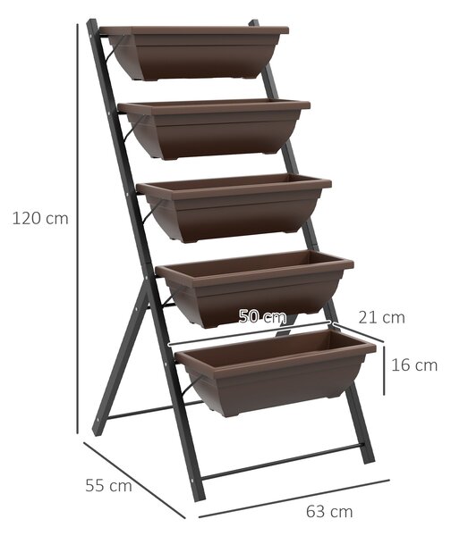 Vyvýšený květinový záhon Outsunny s patry, vertikální květináč se 5 květináči, odvodňovacími otvory s gumovými zátkami, restaurační schodiště pro rost