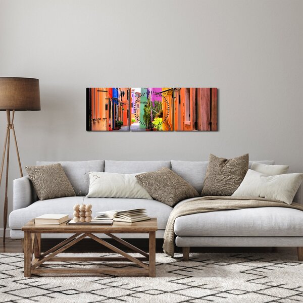 Obraz - Barevné domy v Buranu, Benátky (s hodinami) (90x30 cm)