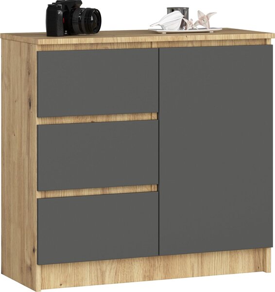 BDW, komoda, 3 zásuvky, 1 dvířka, skříňka, příborník, dub Artisan / šedý