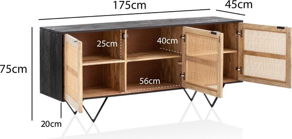 Designová komoda FineBuy z masivního dřeva, 175 cm, s třemi dveřmi z ratanového pletiva, barva černá