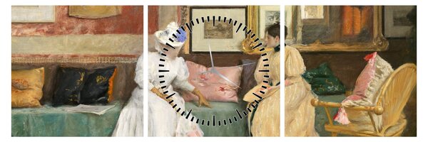 Obraz - William Merritt Chase, A Friendly Call, reprodukce (s hodinami) (90x30 cm)