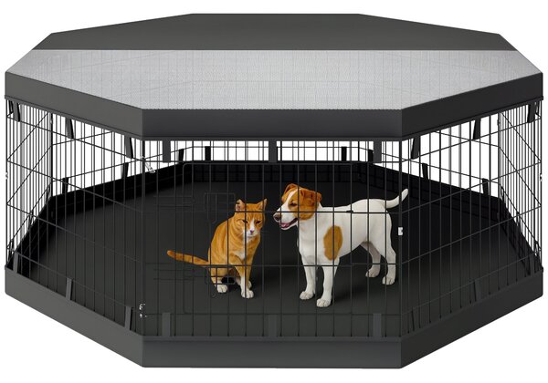 PawHut Psí Ohrádka, Vnitřní Psí Prostor, 8 Skládacích Modulárních Panelů, s Dveřmi, Horním a Dolním Krytem, Ocel, 61 x 61 cm, Černá | Aosom