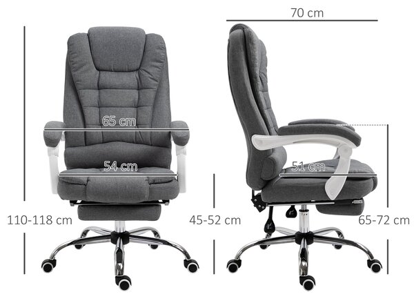 Ergonomická kancelářská židle Vinsetto s opěrkou nohou, s polohovací opěrkou zad, polstrovanými područkami a šedým látkovým potahem | Aosom