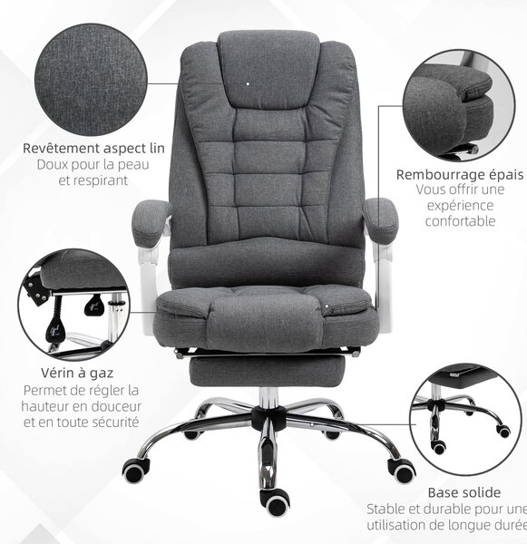 Ergonomická kancelářská židle Vinsetto s opěrkou nohou, s polohovací opěrkou zad, polstrovanými područkami a šedým látkovým potahem | Aosom