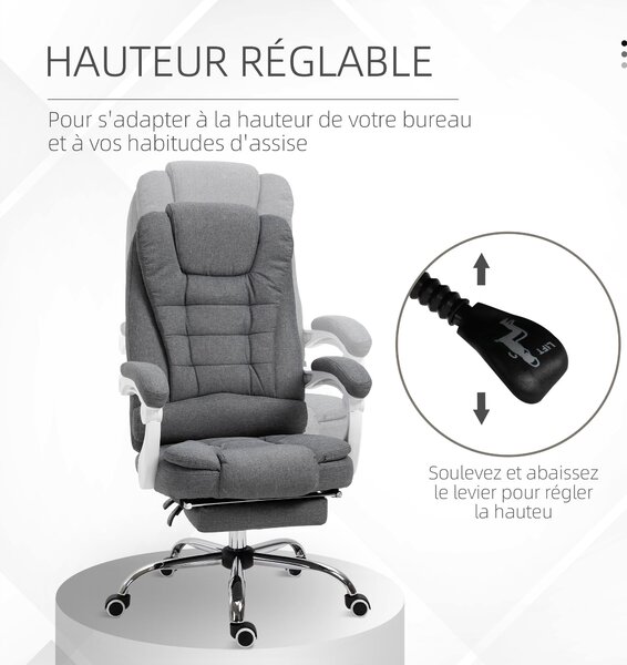 Ergonomická kancelářská židle Vinsetto s opěrkou nohou, s polohovací opěrkou zad, polstrovanými područkami a šedým látkovým potahem | Aosom