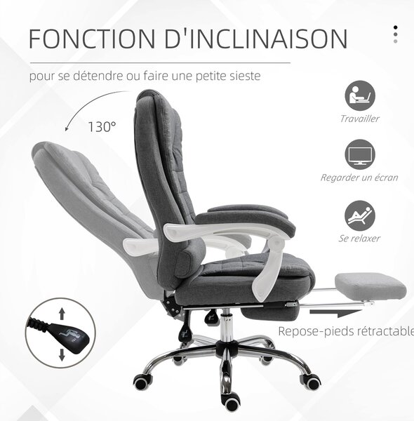 Ergonomická kancelářská židle Vinsetto s opěrkou nohou, s polohovací opěrkou zad, polstrovanými područkami a šedým látkovým potahem | Aosom