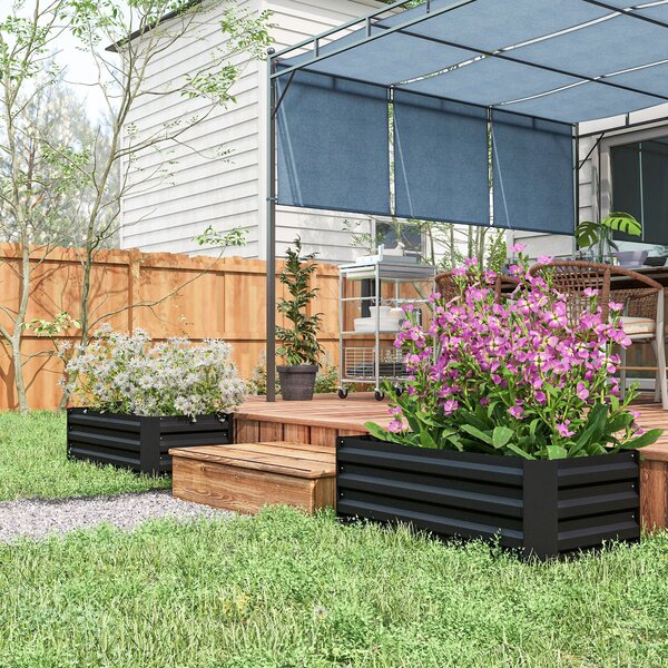 Outsunny Sada 2 Vysokých Zahradních Truhlíků 100L x 50W x 30H cm - Vlnitý Ocelový Černý | Aosom