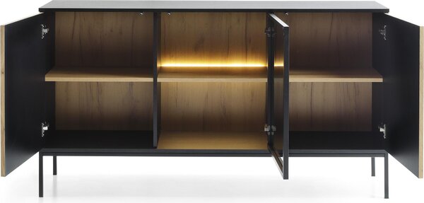 Moderní široká komoda s dvířky a žebrovaným čelem 154×83×39 cm, černá / dub Wotan