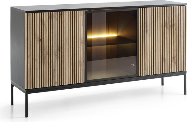 Moderní široká komoda s dvířky a žebrovaným čelem 154×83×39 cm, černá / dub Wotan