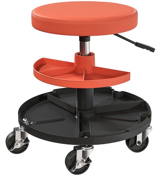 HOMCOM Pojezdný pracovní stolička, mechanická stolička s nastavitelnou výškou 40-51 cm, 2 odkládací plochy na nástroje, otáčecí sedadlo s max. zatížen