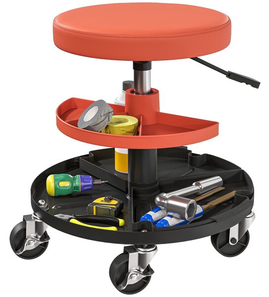 HOMCOM Pojezdný pracovní stolička, mechanická stolička s nastavitelnou výškou 40-51 cm, 2 odkládací plochy na nástroje, otáčecí sedadlo s max. zatížen