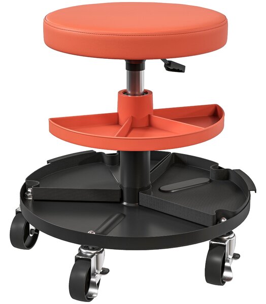 HOMCOM Pojezdný pracovní stolička, mechanická stolička s nastavitelnou výškou 40-51 cm, 2 odkládací plochy na nástroje, otáčecí sedadlo s max. zatížen
