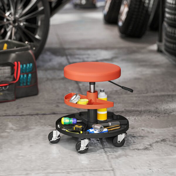 HOMCOM Pojezdný pracovní stolička, mechanická stolička s nastavitelnou výškou 40-51 cm, 2 odkládací plochy na nástroje, otáčecí sedadlo s max. zatížen