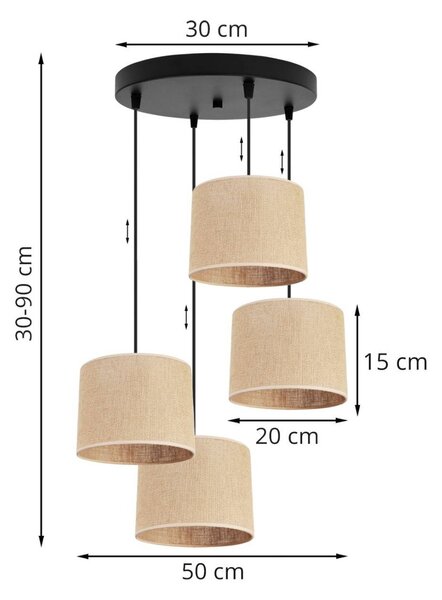 Závěsné svítidlo Juta, 4x jutové stínítko, (výběr ze 2 barev konstrukce), o
