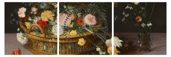 Obraz - Jan Brueghel the Elder, Flowers in a Basket and a Vase, reprodukce (s hodinami) (90x30 cm)