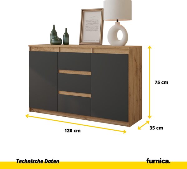 MIKEL - Komoda / příborník se 3 zásuvkami a 2 dvířky - dub Wotan / antracitově šedá V75cm Š120cm D35cm