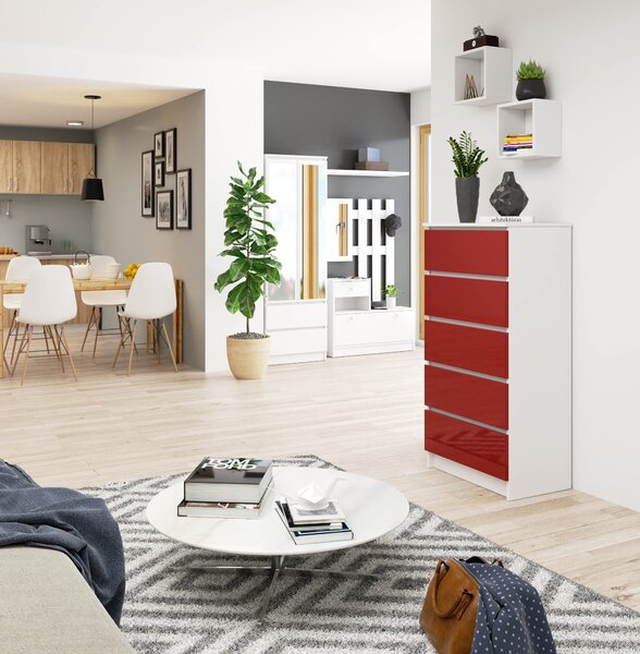 BDW Komoda s vysokým leskem, 5 zásuvek, ložnice, 60x121, bílo-červená