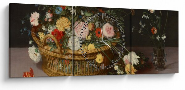 Obraz - Jan Brueghel the Elder, Flowers in a Basket and a Vase, reprodukce (s hodinami) (90x30 cm)