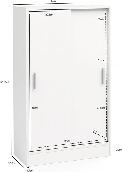 Komodka FineBuy, bílá, šířka 60 cm, se 2 posuvnými dvířky – vhodná do kanceláře, na dokumenty, jako skříňka s posuvnými dvířky, skříňka na dokumenty, příborník, šatní skříň