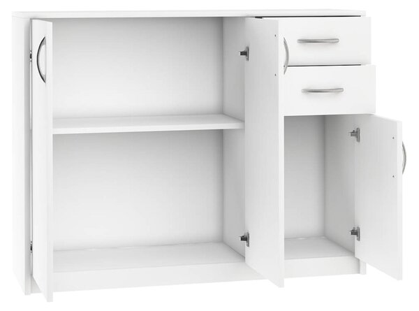 Komoda se 2 zásuvkami a 3 dvířky v matném provedení, komoda šířka 110 cm dřevěná skříňka příborník vysoká komoda se zásuvkami bílá