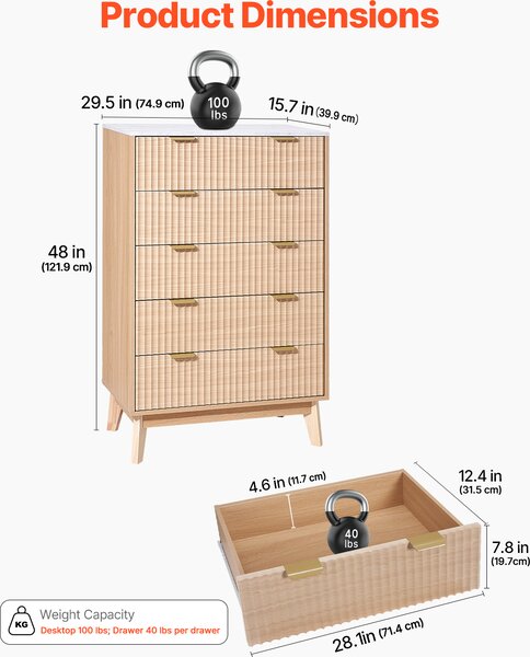 Komoda VEVOR, dřevěná komoda s kolejničkami a ochranou proti překlopení, moderní minimalistická vintage komoda do obývacího pokoje ložnice předsíně (světlé dřevo)