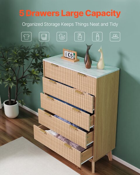 Komoda VEVOR, dřevěná komoda s kolejničkami a ochranou proti překlopení, moderní minimalistická vintage komoda do obývacího pokoje ložnice předsíně (světlé dřevo)