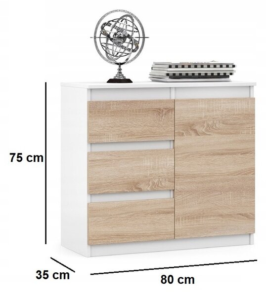 VBChome Komoda 80 x 35 x 75 cm se 3 zásuvkami a 1 dvířky Bílá - Dub Sonoma Bezúchytková komoda Víceúčelová skříň do předsíně Ložnice