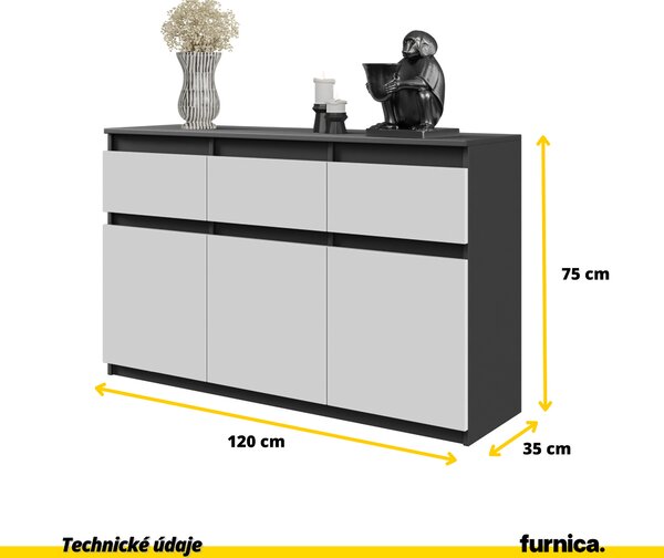 FURNICA - NOAH - Komoda / příborník se 3 zásuvkami a 3 dvířky - antracitově šedá / bílá matná V75cm Š120cm H35cm