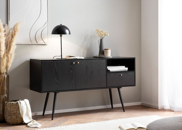 Komoda FineBuy 140 x 75 x 40 cm, černá s dekorem dubu, nadčasový design, vysoká komoda do obývacího pokoje se 2 dvířky a zásuvkou