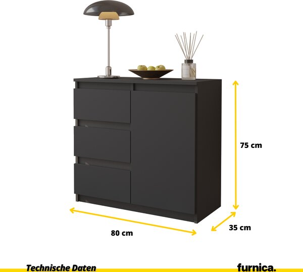 FURNICA - MIKEL - Komoda se 3 zásuvkami a 1 dvířky - antracitově šedá V75cm Š80cm H35cm