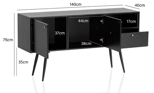 Komoda FineBuy 140 x 75 x 40 cm, černá s dekorem dubu, nadčasový design, vysoká komoda do obývacího pokoje se 2 dvířky a zásuvkou