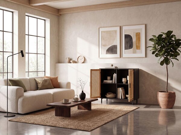 FineBuy Příborník 80x86,5x40 cm Komoda černá s vídeňským proutím Vysoká komoda Nadčasová podlahová skříň Obývací pokoj se 2 dveřmi Příborník ratan