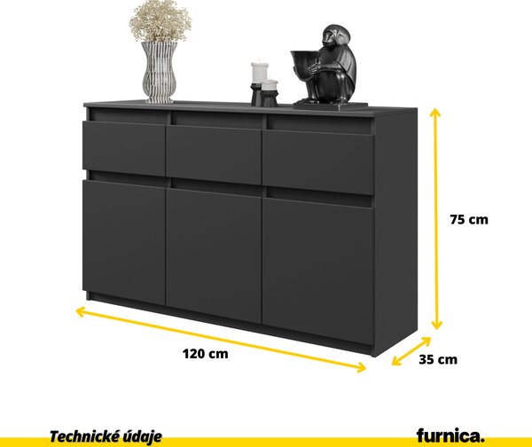 FURNICA - NOAH - Komoda se 3 zásuvkami a 3 dvířky - antracitově šedá V75cm Š120cm H35cm