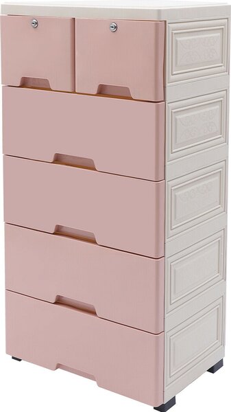 Komoda se 6 zásuvkami Plastová s kolečky 50x35x102cm Příborník Příborník Úložný policový regál Volně stojící organizér (růžový)