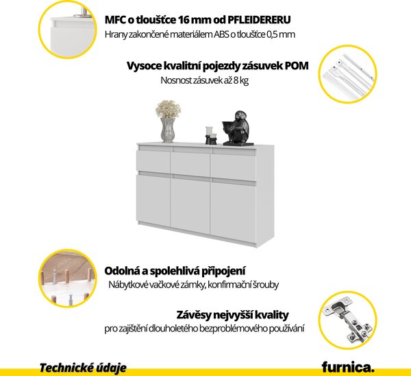 FURNICA - NOAH - Komoda se 3 zásuvkami a 3 dvířky - antracitově šedá V75cm Š120cm H35cm