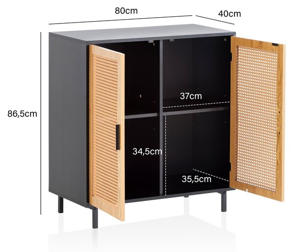 FineBuy Příborník 80x86,5x40 cm Komoda černá s vídeňským proutím Vysoká komoda Nadčasová podlahová skříň Obývací pokoj se 2 dveřmi Příborník ratan