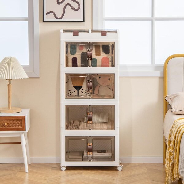 Úložný box s víkem 210 l, Skládací úložný kontejner s kolečky a dvířky, Stohovatelné úložné koše 4 ks, 54,5x34,5x132 cm, Bílá