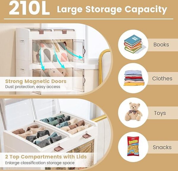 Úložný box s víkem 210 l, Skládací úložný kontejner s kolečky a dvířky, Stohovatelné úložné koše 4 ks, 54,5x34,5x132 cm, Bílá