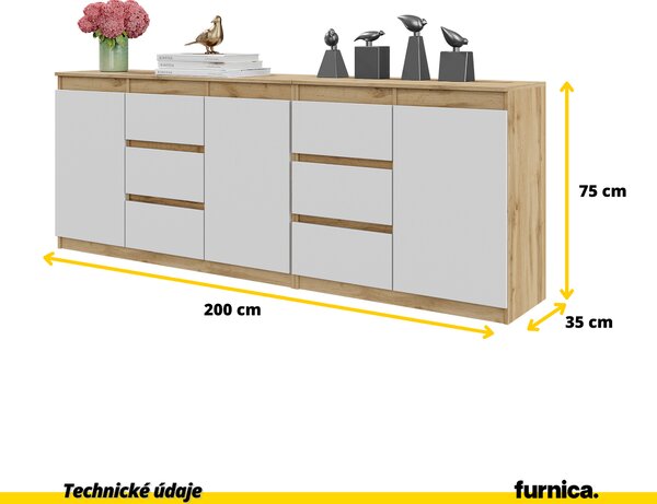 MIKEL - Komoda se 6 zásuvkami a 3 dvířky - Komoda do ložnice Úložná skříňka Příborník - dub Wotan / bílá matná V75cm Š200cm D35cm