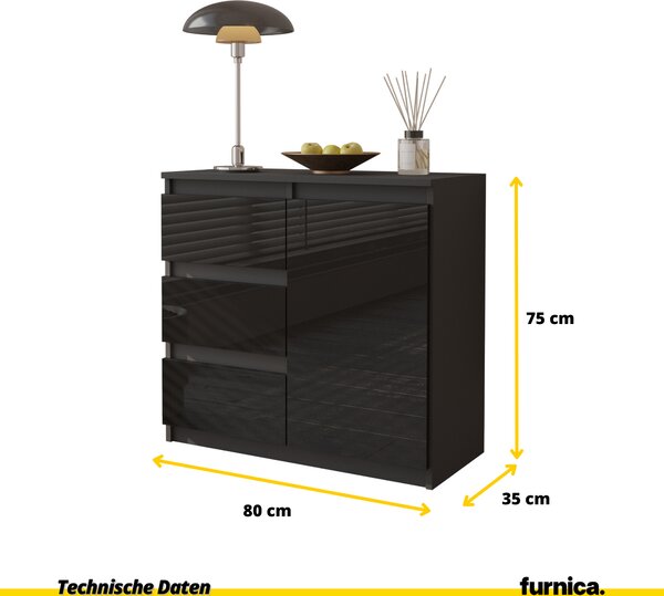 FURNICA - MIKEL - Komoda se 3 zásuvkami a 1 dvířky - antracit / černý lesk V75cm Š80cm H35cm