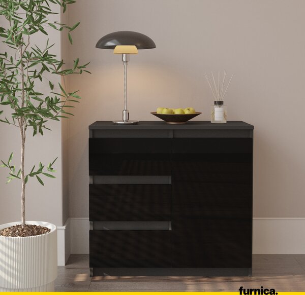 FURNICA - MIKEL - Komoda se 3 zásuvkami a 1 dvířky - antracit / černý lesk V75cm Š80cm H35cm