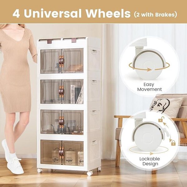 Úložný box s víkem 210 l, Skládací úložný kontejner s kolečky a dvířky, Stohovatelné úložné koše 4 ks, 54,5x34,5x132 cm, Bílá