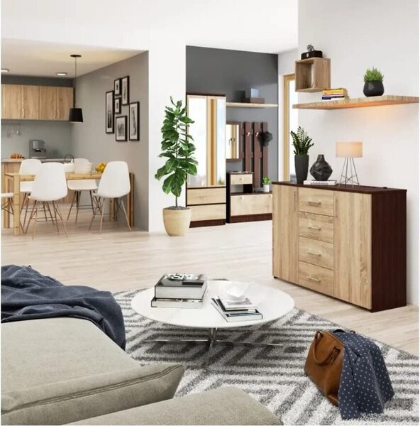Komoda se 4 zásuvkami a 2 dvířky, 110x80x35, obývací pokoj, Venga / dub Sonoma