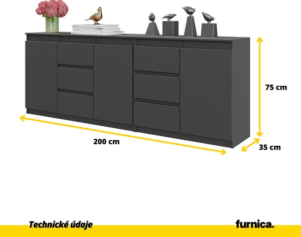 MIKEL - Komoda se 6 zásuvkami a 3 dvířky - Komoda do ložnice Úložná skříňka Příborník - antracit V75cm Š200cm H35cm