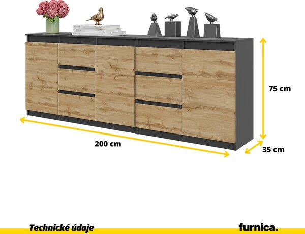 MIKEL - Komoda se 6 zásuvkami a 3 dvířky - Komoda do ložnice Úložná skříňka Příborník - antracit / dub Wotan V75cm Š200cm H35cm