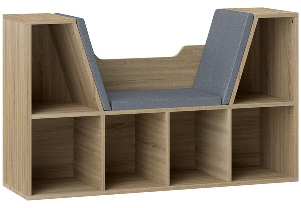 HOMCOM Moderní design 2-v-1 Knihovna s lavičkou s 6 přihrádkami a 3 polštáři Dub šedý 102D x 30Š x 61V cm | Aosom