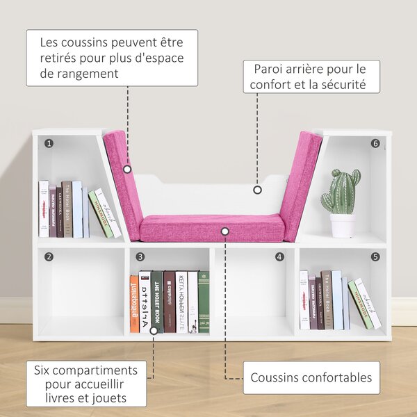 HOMCOM Moderní Design 2-v-1 Knihařská Lavice s 6 Úložnými Prostředky a 3 Polštářky 102L x 30W x 61H cm Bílá Růžová | Aosom