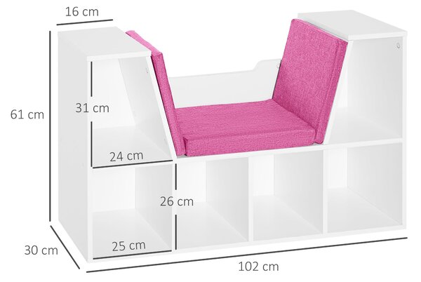 HOMCOM Moderní Design 2-v-1 Knihařská Lavice s 6 Úložnými Prostředky a 3 Polštářky 102L x 30W x 61H cm Bílá Růžová | Aosom